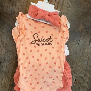 Sweet as can be; strawberry outfit set. Brand new!